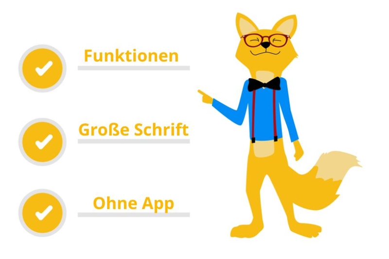Man sieht den Smarthome-Fuchs, wie er die wichtigsten Kriterien von Smartwatches von Senioren aufschreibt.